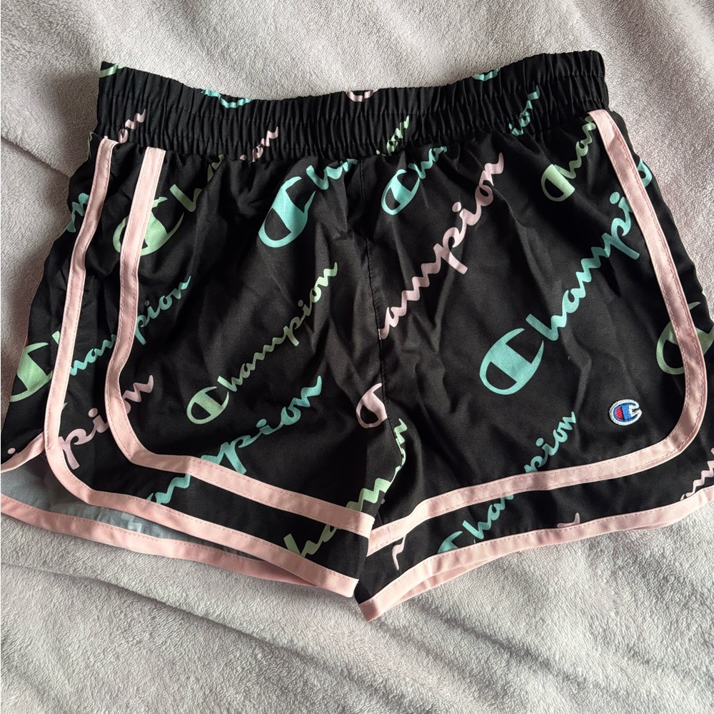 Champion Women's Black Shorts with Pink and Green Accents